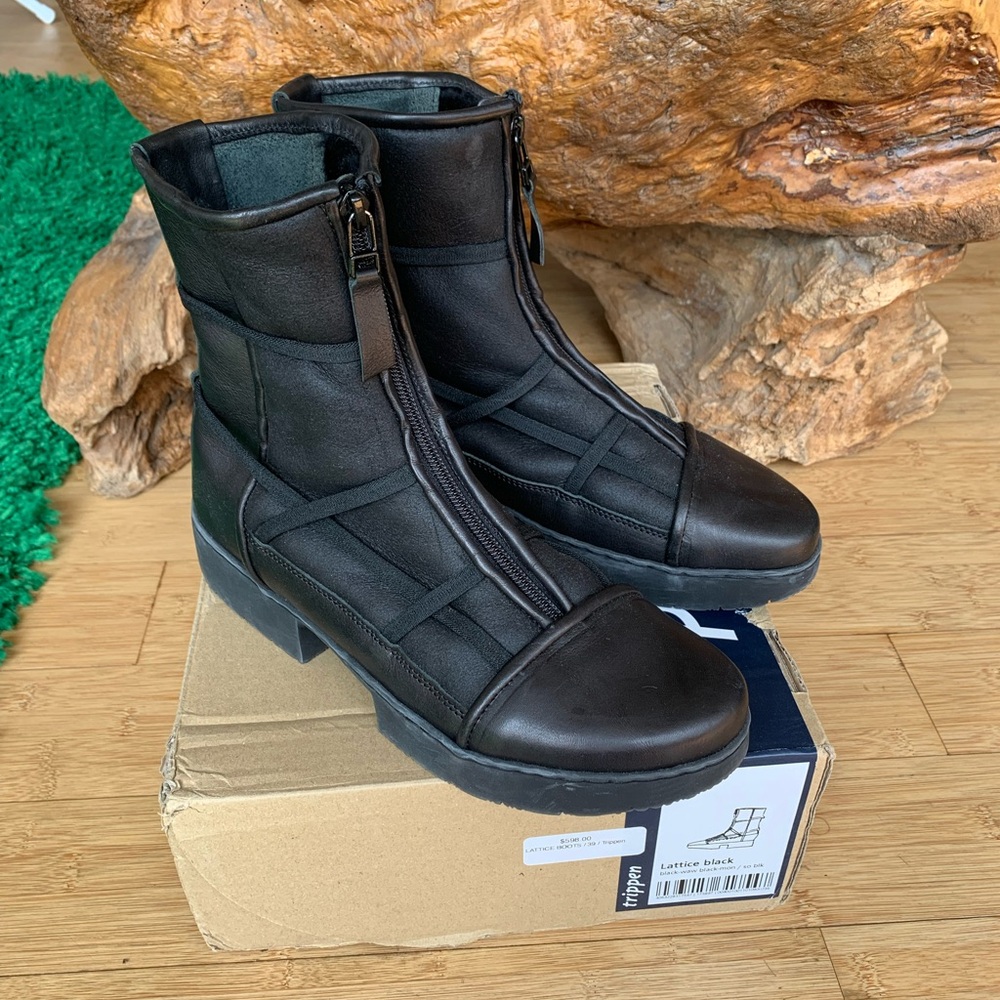 Trippen Lattice Black Leather Ankle Boots 39